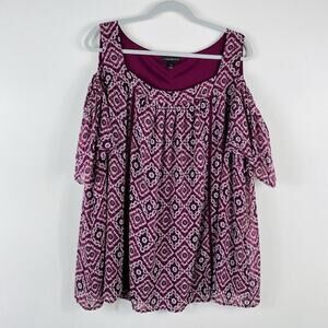 Lane Bryant Top 22 Fuchsia Diamond Print Cold Shoulder Blouse